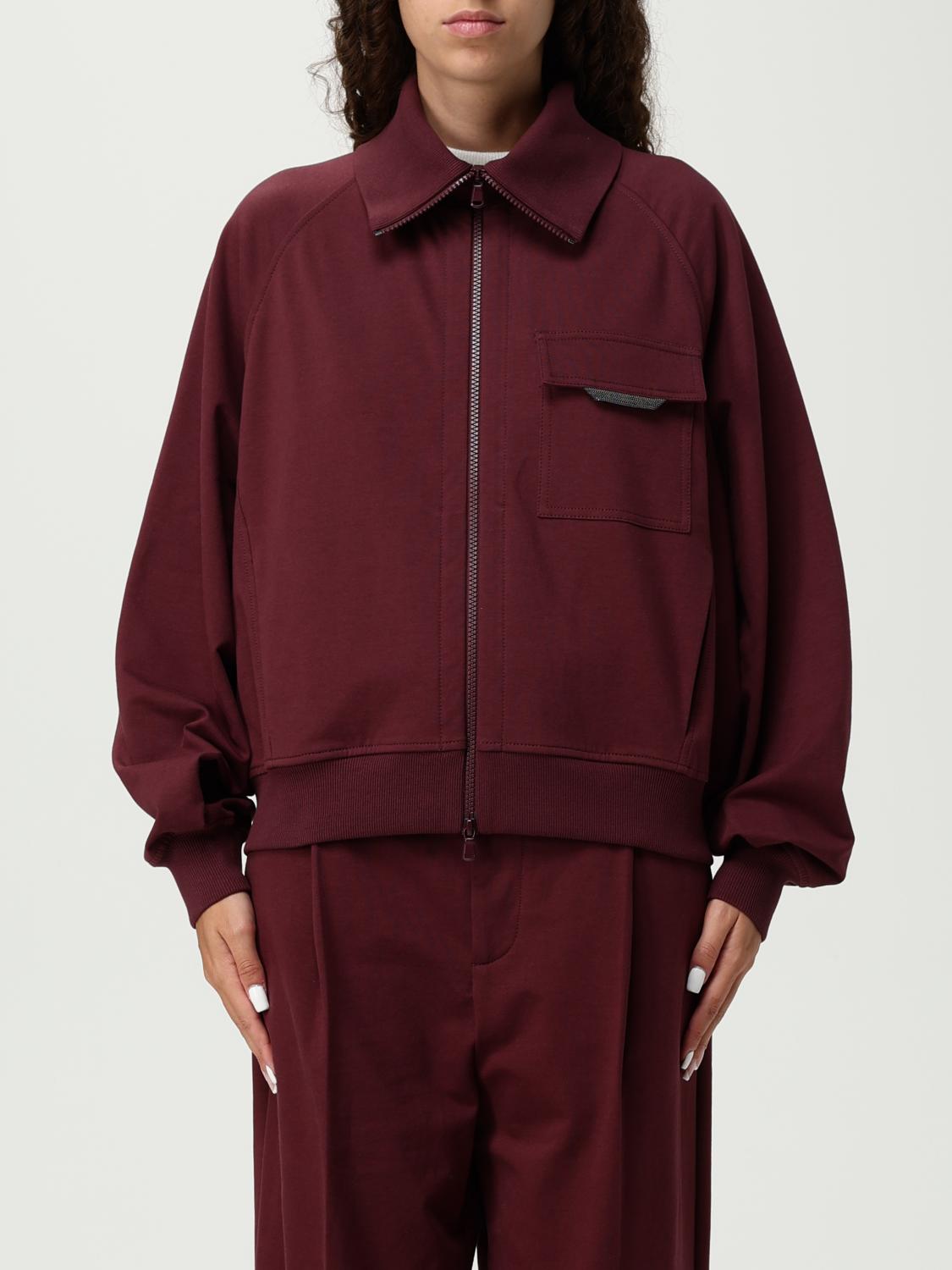 Brunello Cucinelli Collared Neck Sweatshirt With Shiny Flap Detail In Burgundy