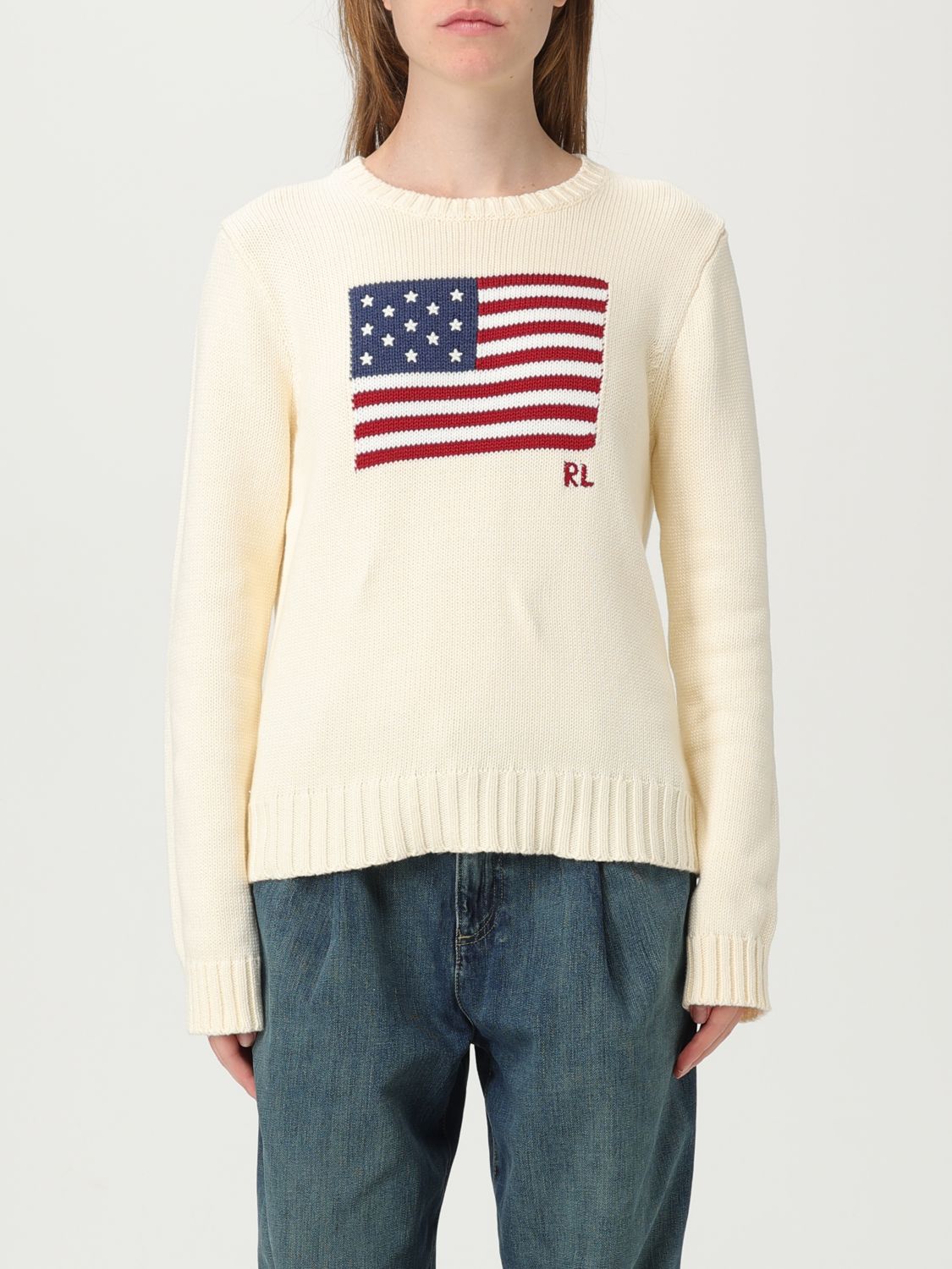 Polo Ralph Lauren Knit Sweater With Classic American Flag Design And Rl Embroidery In Neutral