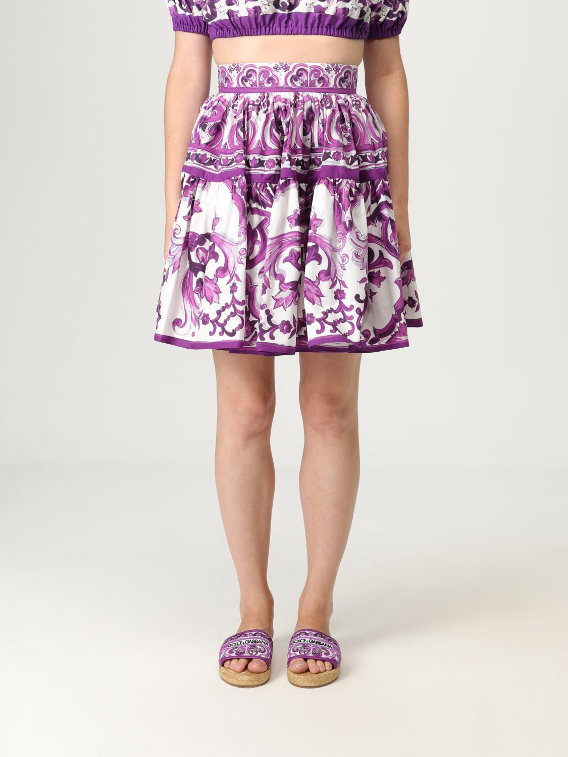Dolce & Gabbana Violet Pleated Miniskirt With Rear Zip Closure And All-over Graphic Print In Multi