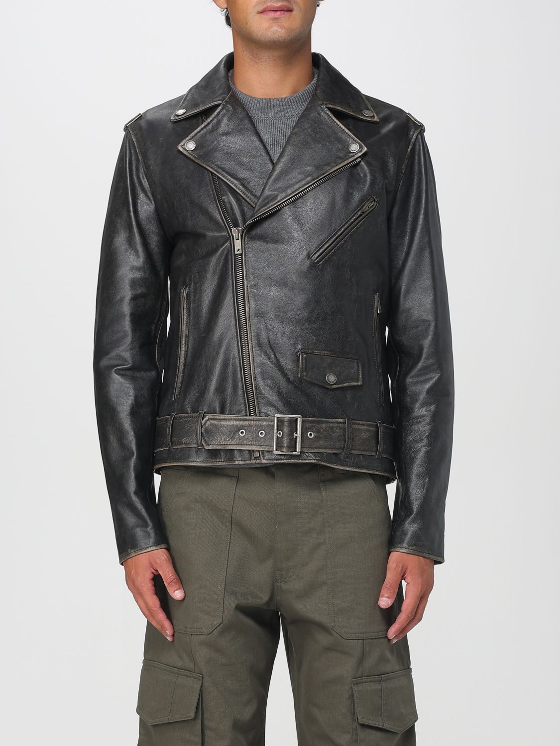 Golden Goose Black Biker Jacket With Notched Revers And Leopard Lining In Black