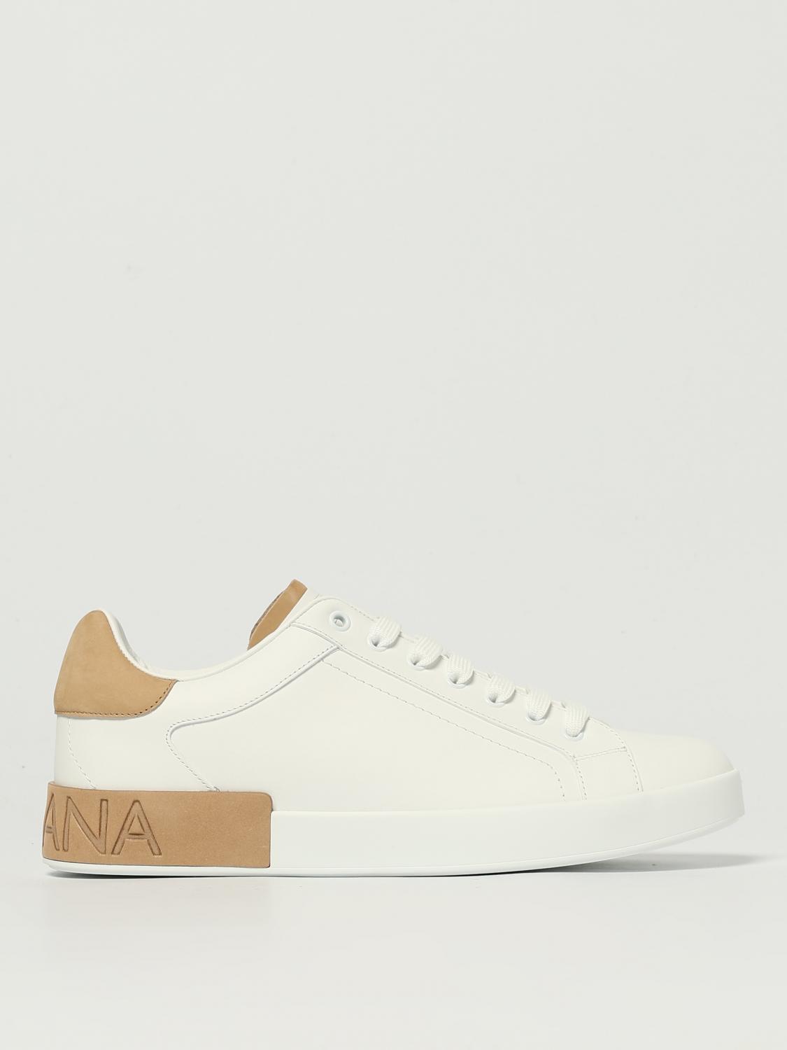 Dolce & Gabbana Portofino Leather Sneakers In White And Tan In White