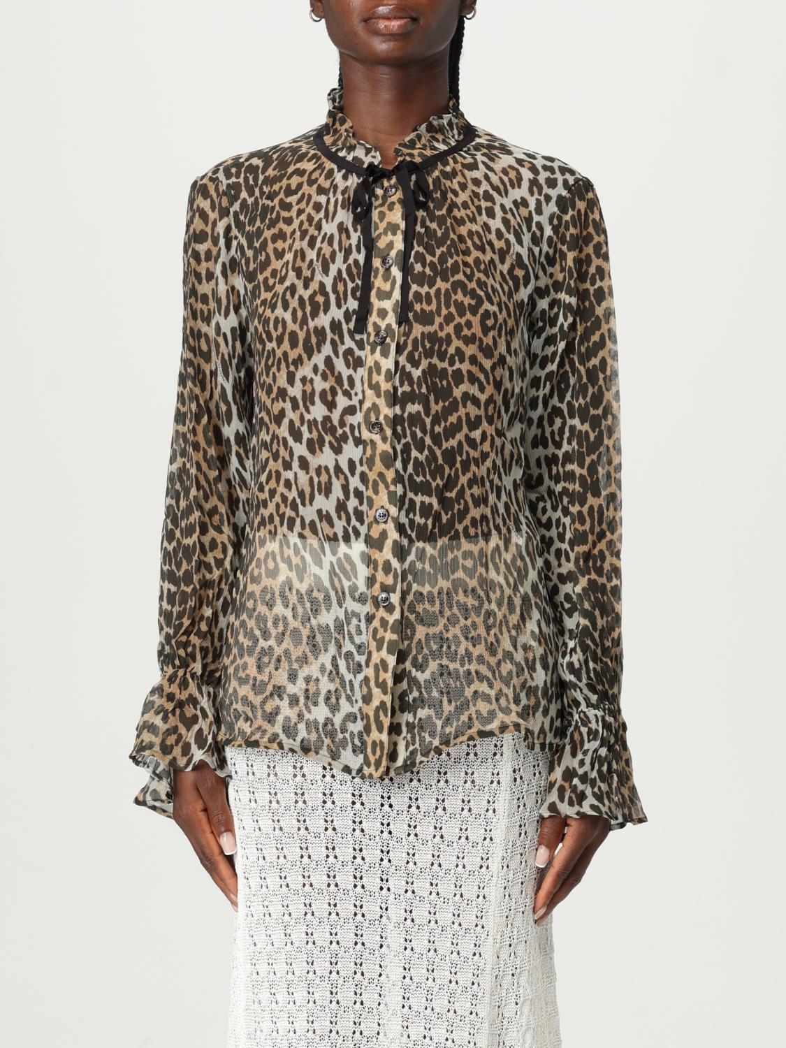Ganni Leopard Print Chiffon Tie String Shirt In Multi