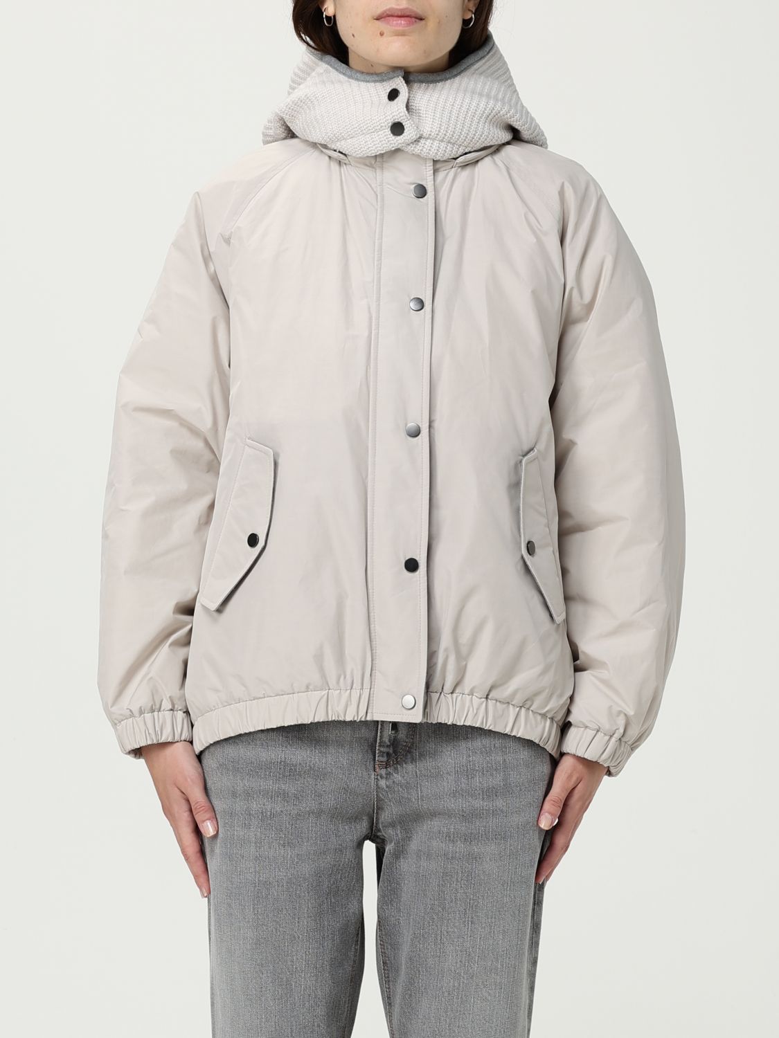 Brunello Cucinelli Women Water-repellent Techno Cotton Taffeta Down Jacket With Hood In Gray