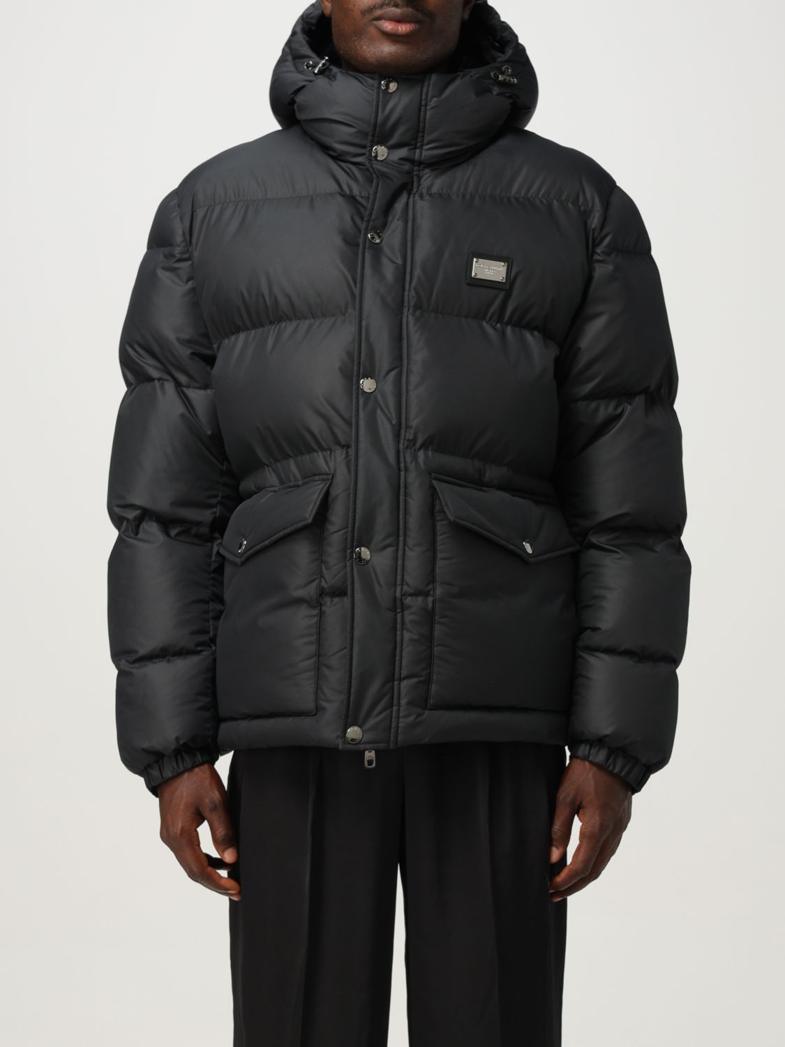 Dolce & Gabbana Black Down Jacket With Patch Pockets At The Front In Polyester Man In Black