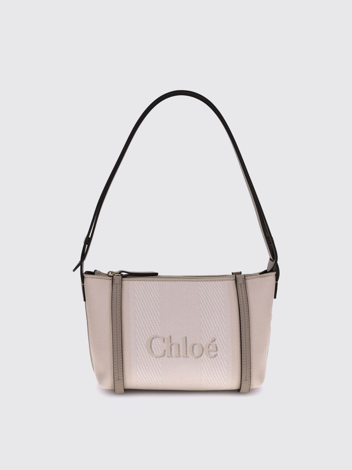 Chloé Structured Canvas Shoulder Bag With Leather Accents In Sand