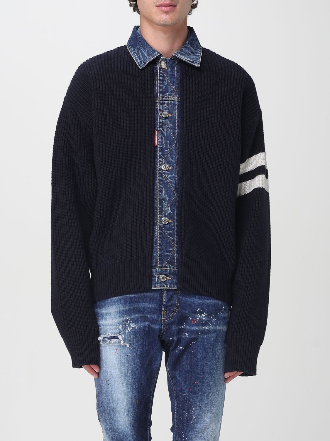 Dsquared2 Blue Cardigan With Denim Panels And Striped Details On The Sleeve In Wool And Cashmere Man In Blue