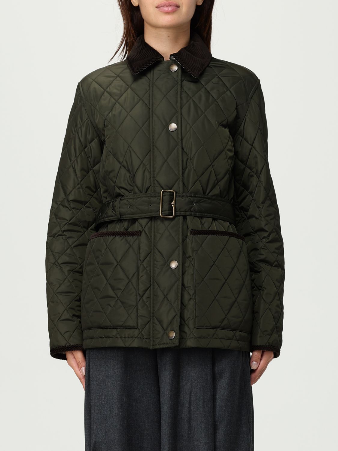 Burberry Quilted Nylon Jacket With Belt In Green