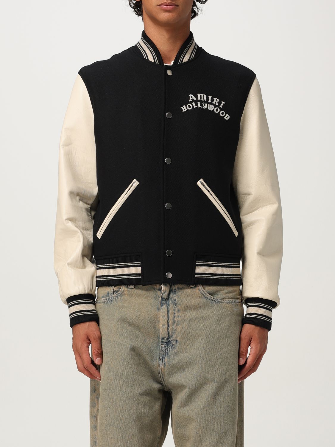 Amiri Varsity Jacket With White Contrasting Sleeves And Embroidered Detailing In Black