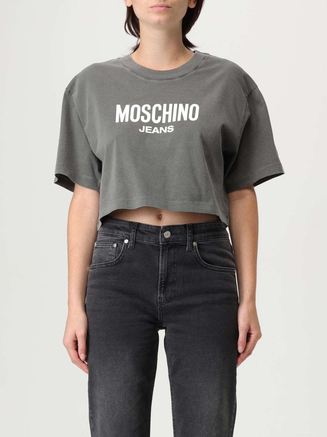 Moschino Jeans Cropped T-shirt With Logo In Gray