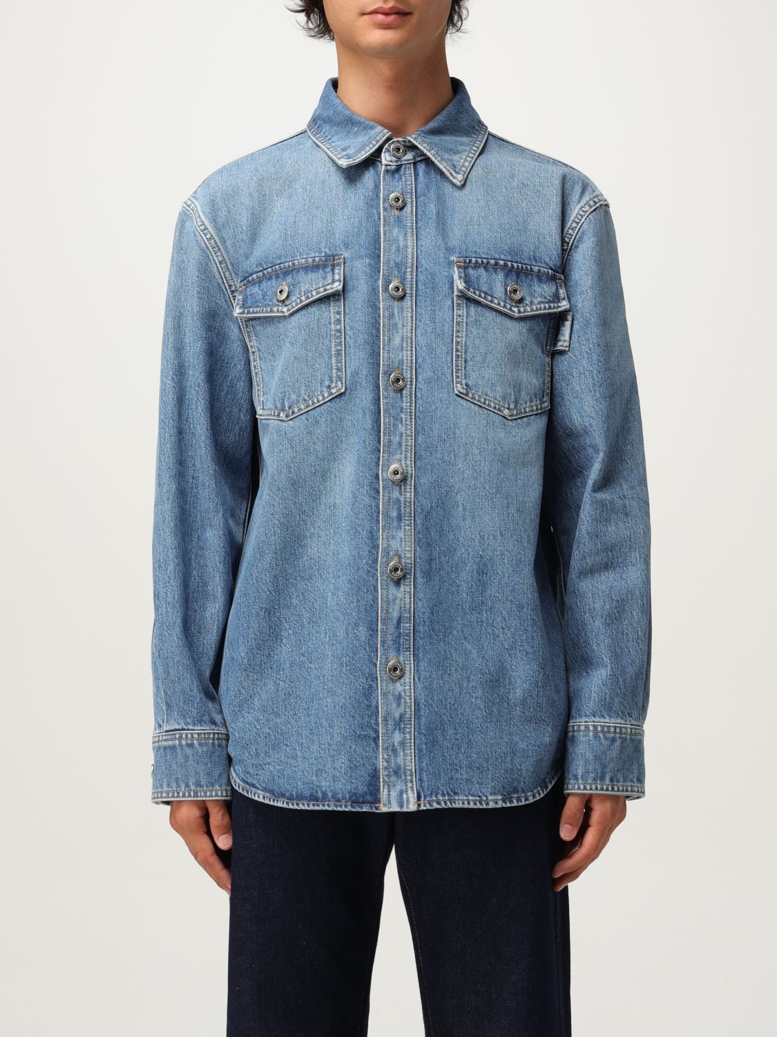 Bottega Veneta Denim Shirt With Flap Pockets And Contrasting Stitching In Blue