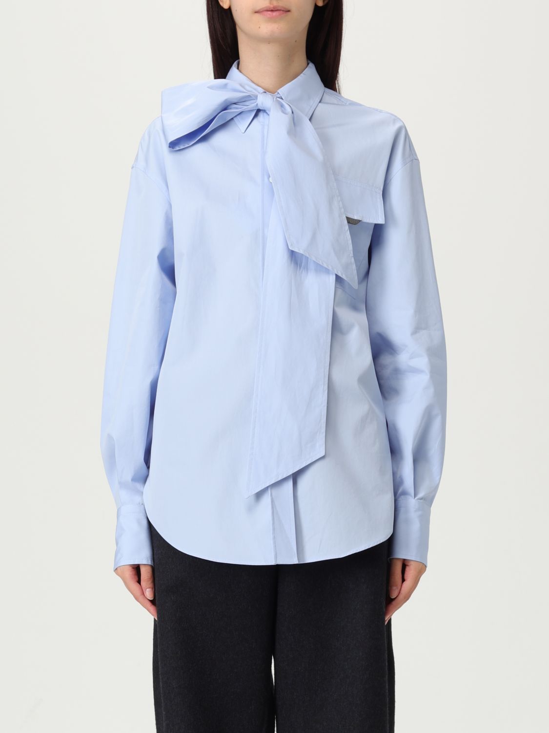 Brunello Cucinelli Long Sleeve Collared Shirt With Bow Detail In Blue