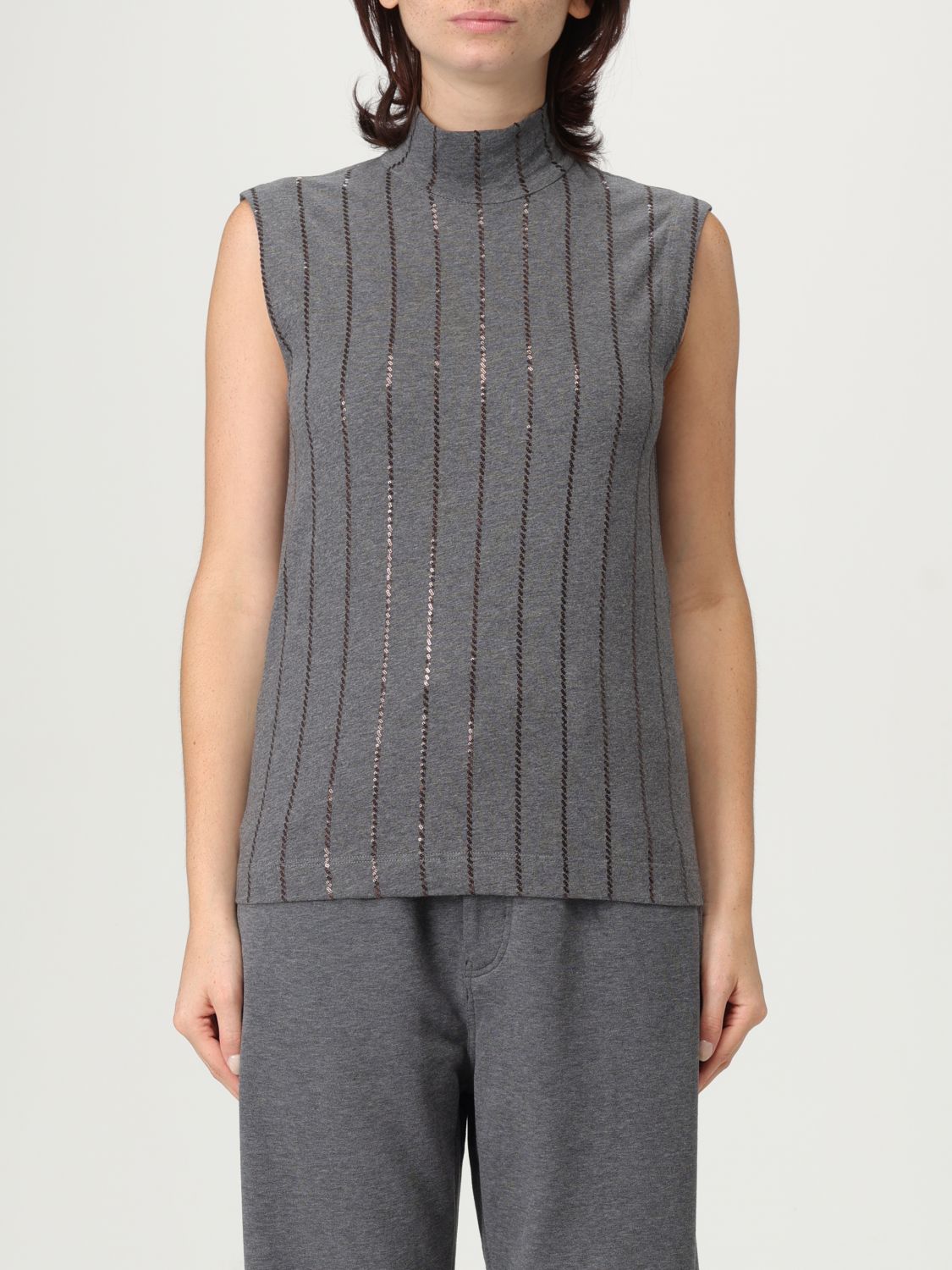 Brunello Cucinelli Sequin High Neck Sleeveless Top With Vertical Stripes In Gray