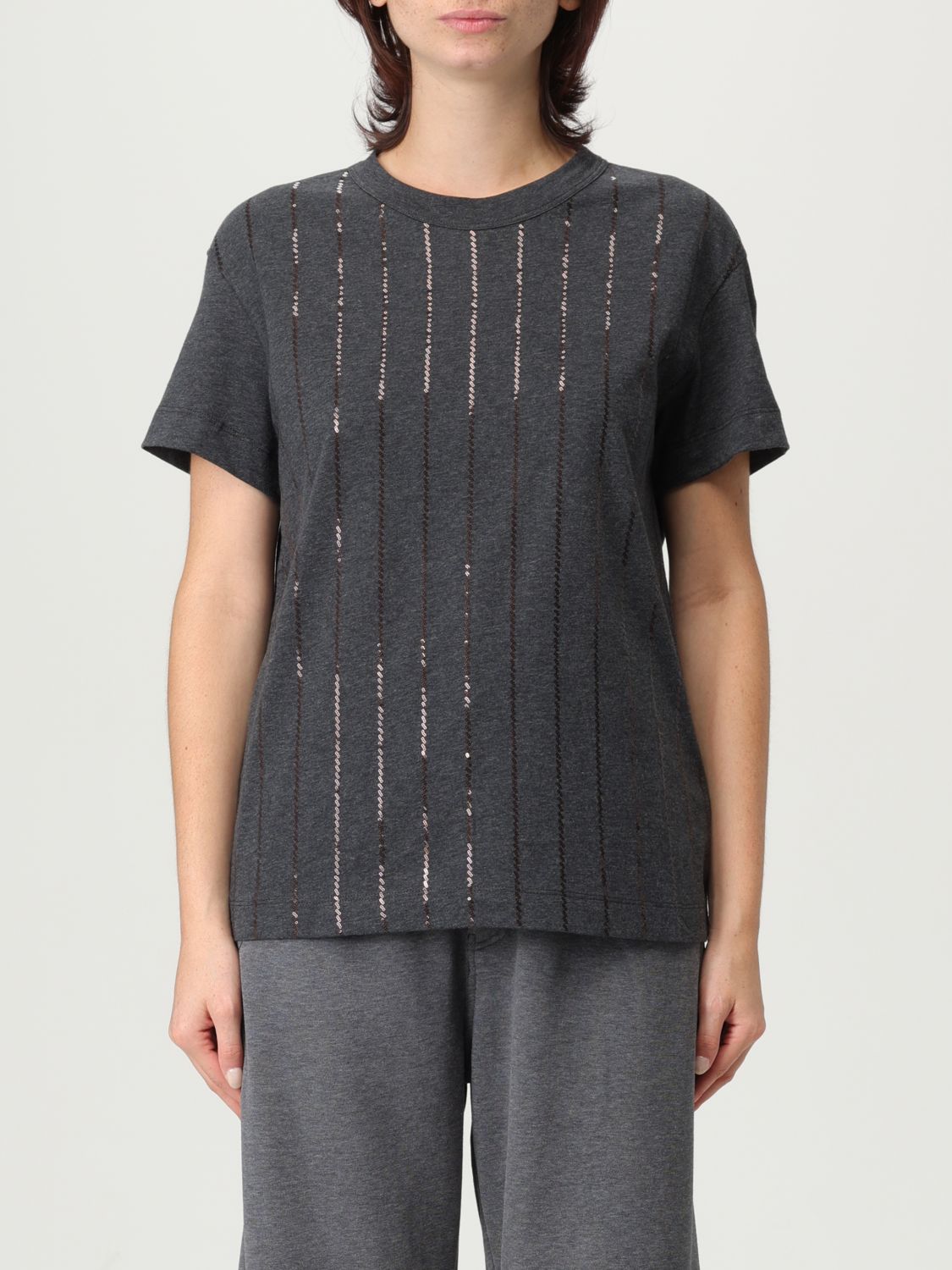 Brunello Cucinelli Dazzling Chalk Stripe Embroidery T-shirt In Gray
