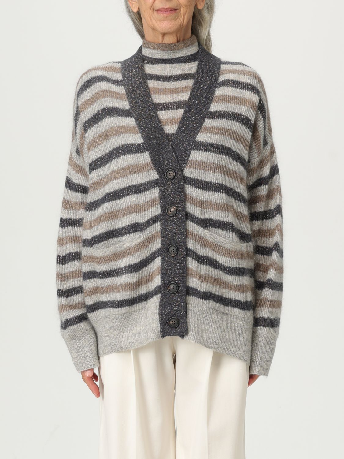 Brunello Cucinelli Women Lurex Wool Cardigan In Gray