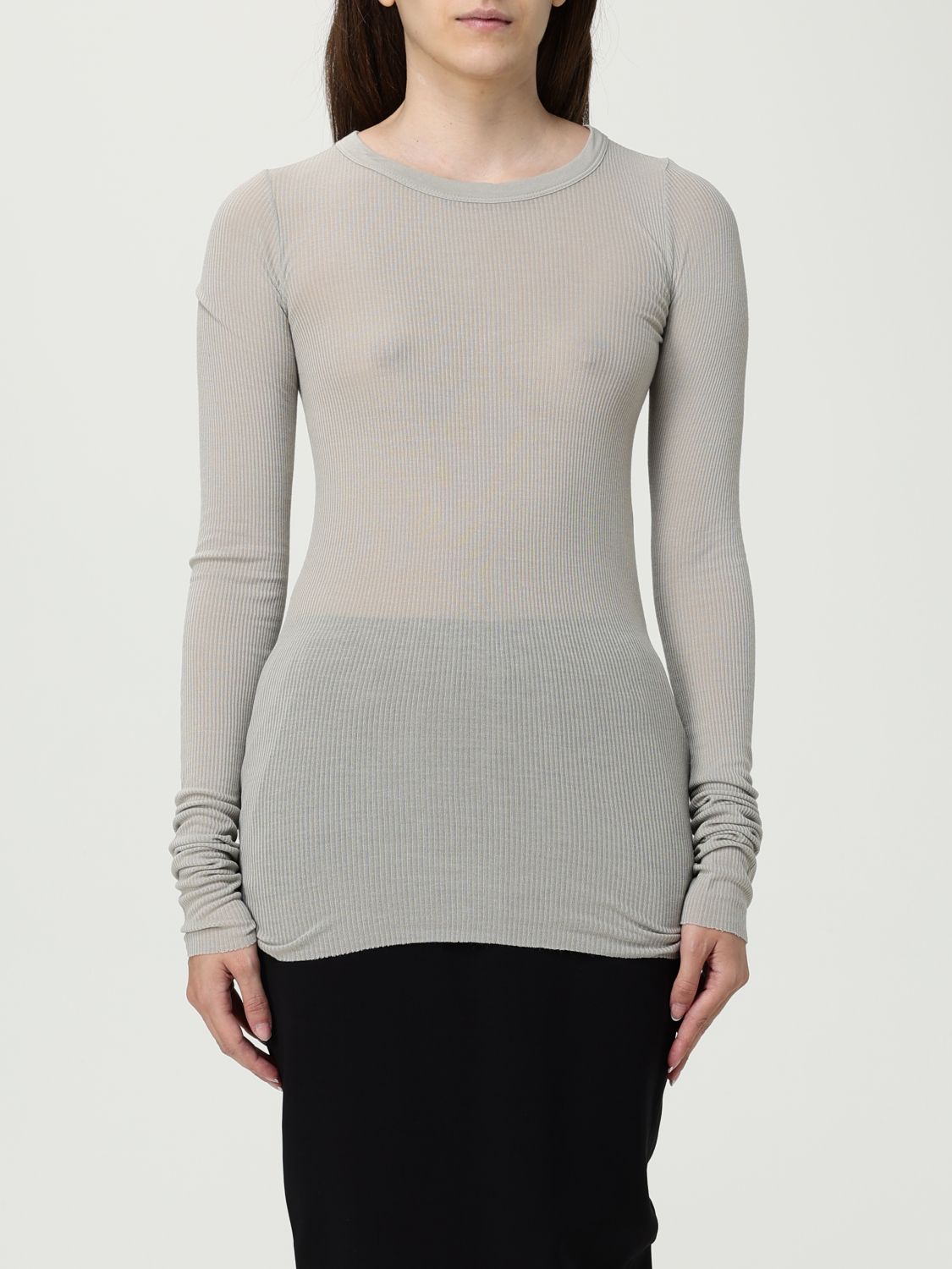 Rick Owens Ribbed Crew Neck Long Sleeve T-shirt In Gray