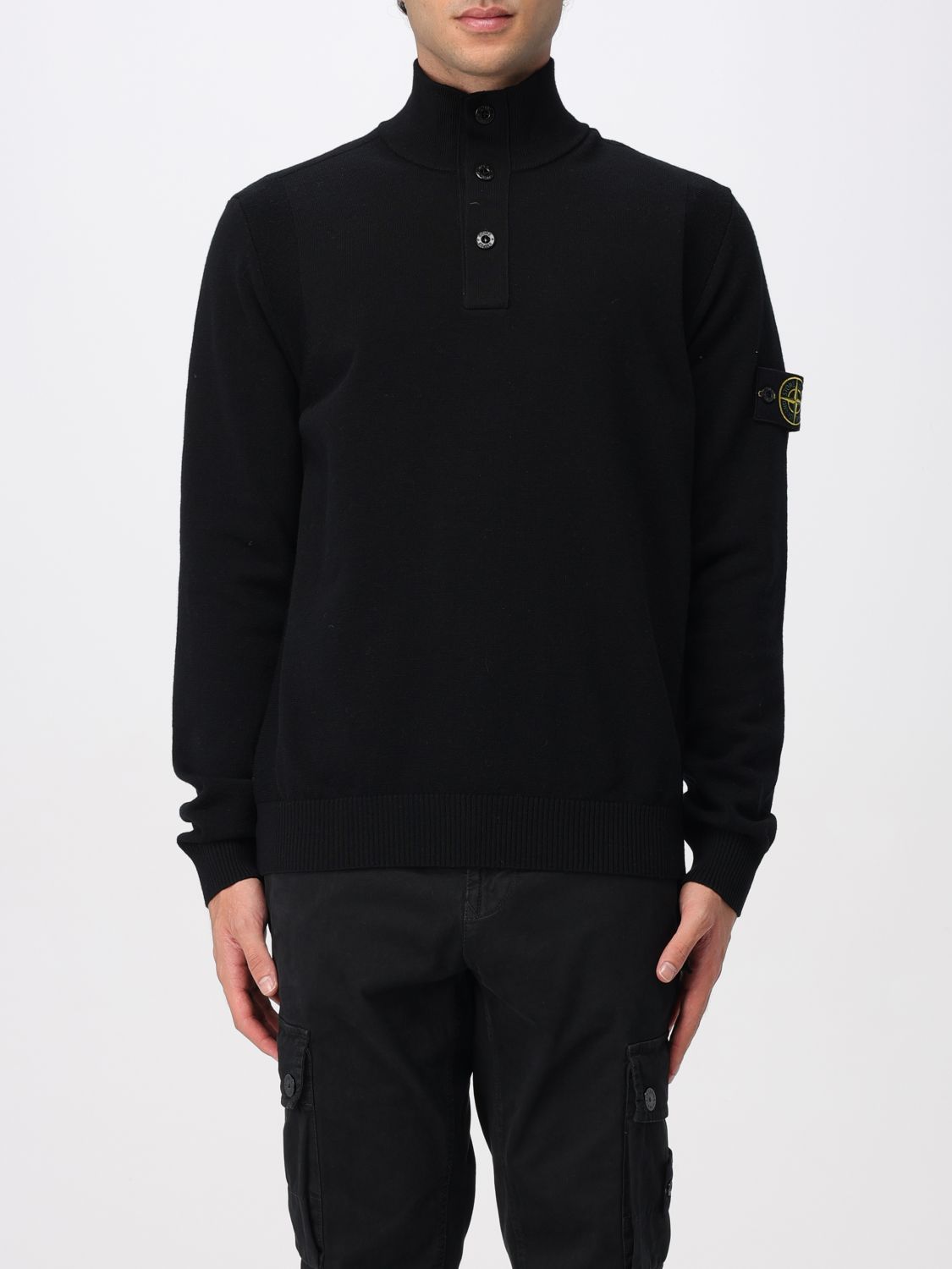 Stone Island High Collar Pullover With Buttoned Placket And Logo Patch In Black