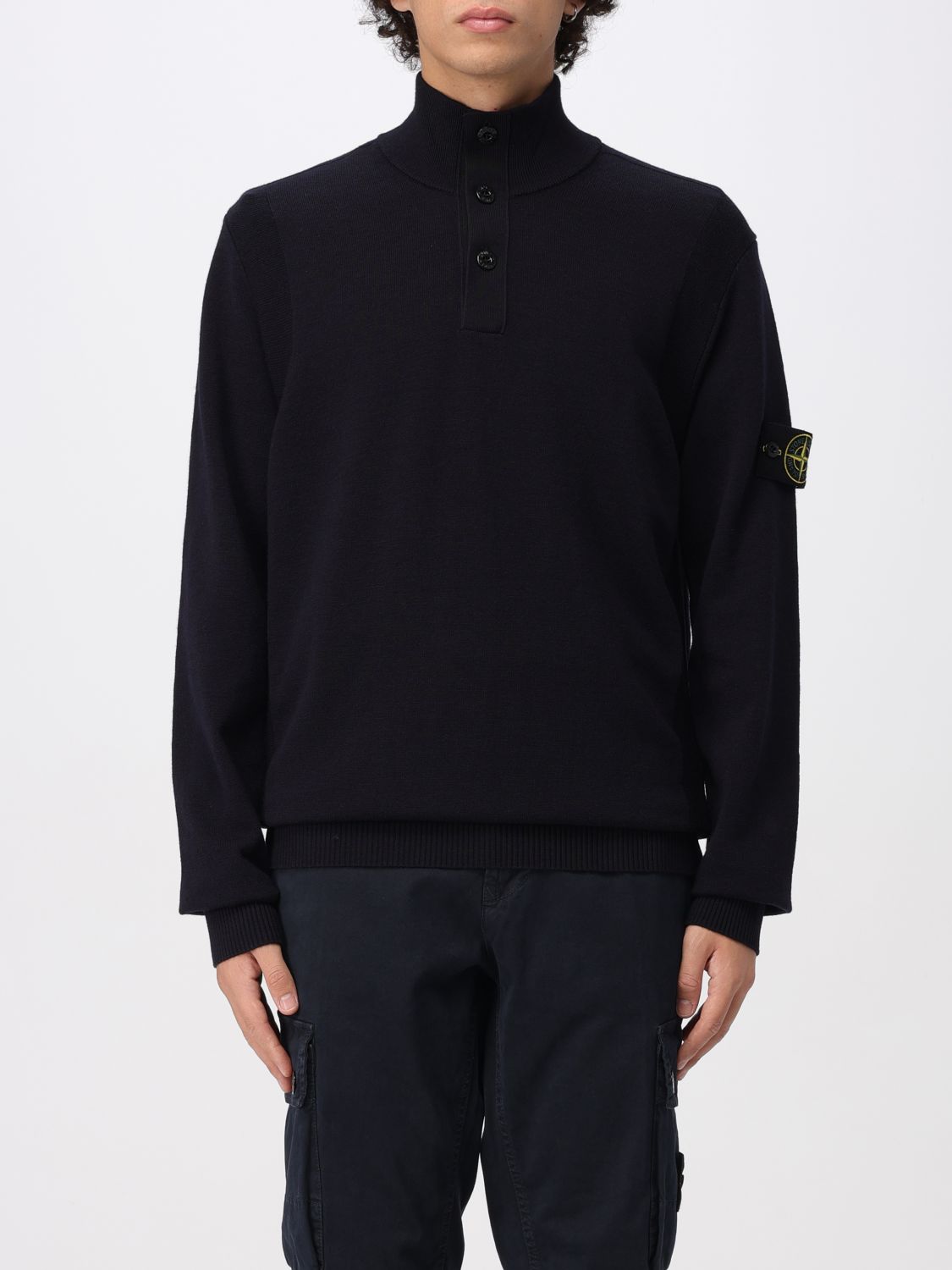 Stone Island High-neck Sweater With Button Closure In Blue
