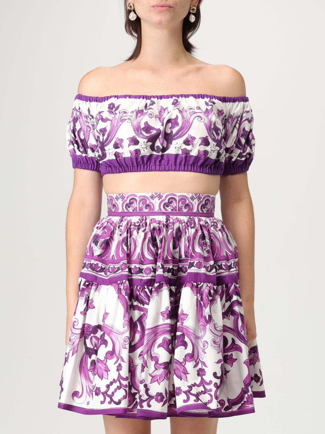 Dolce & Gabbana Violet Off-shoulder Cropped Top With All-over Floral Print In Cotton Woman In Purple