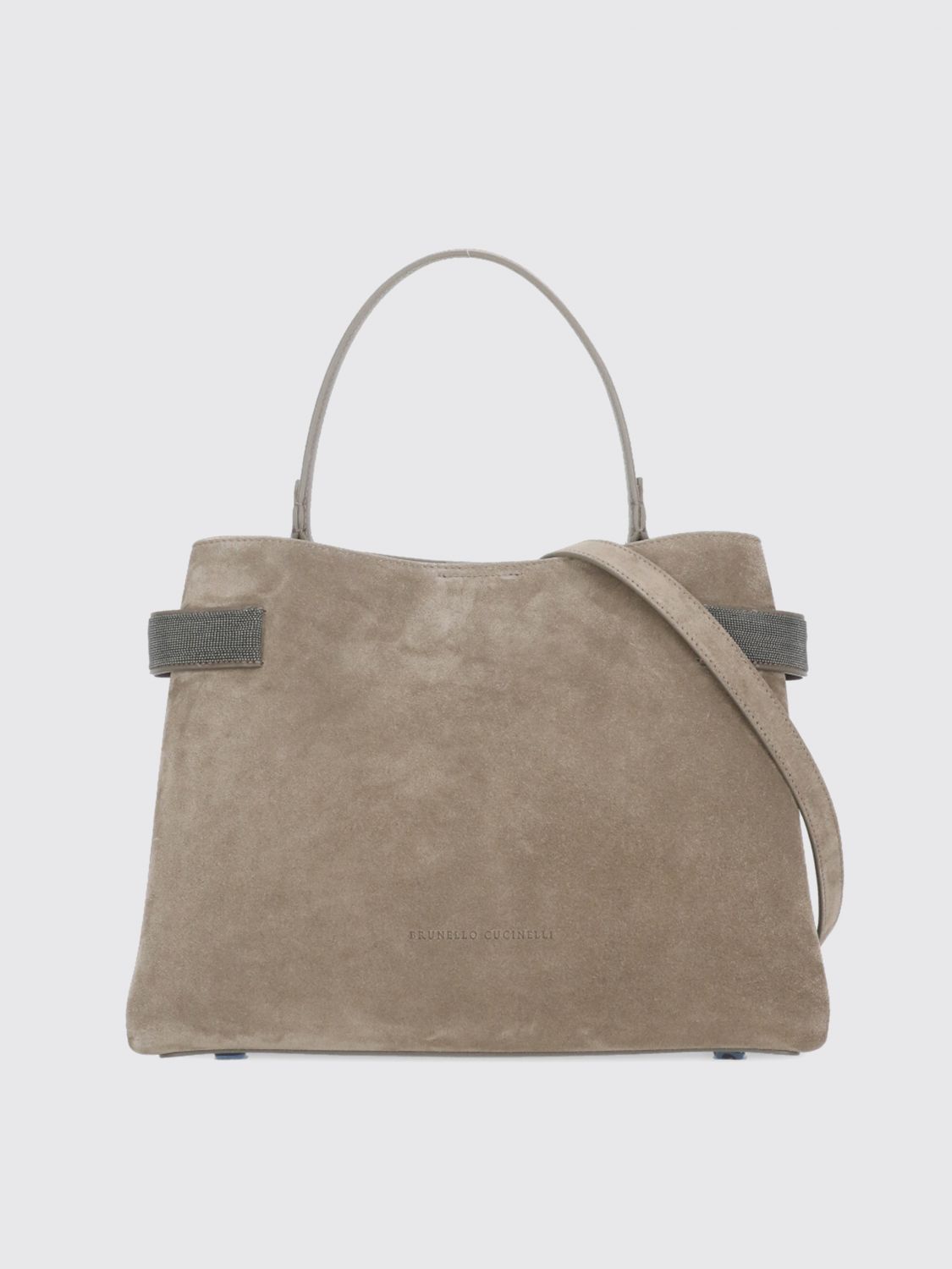 Brunello Cucinelli Suede Leather Shoulder Bag With Brass Inserts In Brown