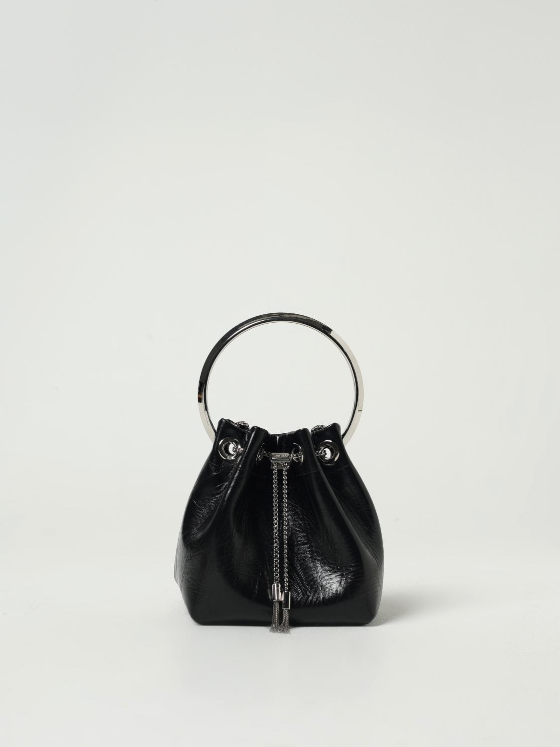Jimmy Choo Eyelet Chain Bucket Bag With Metallic Handle In Black