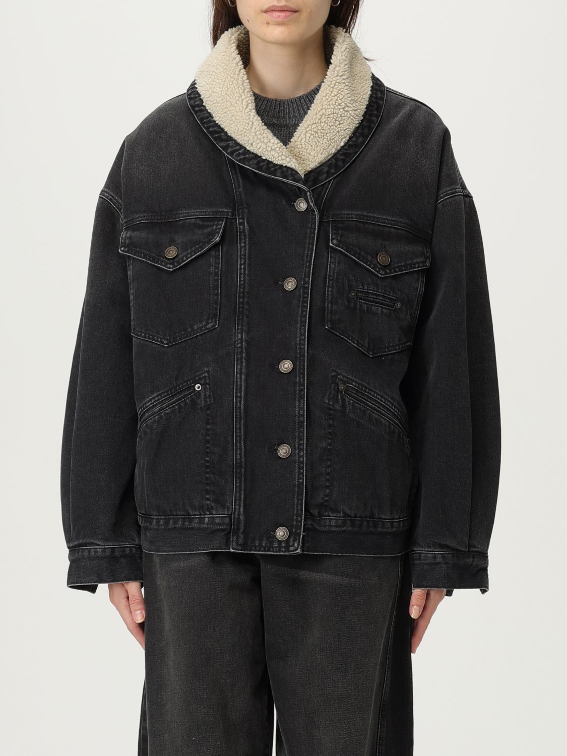 Isabel Marant Pimia Jacket In Denim And Faux Fur In Black