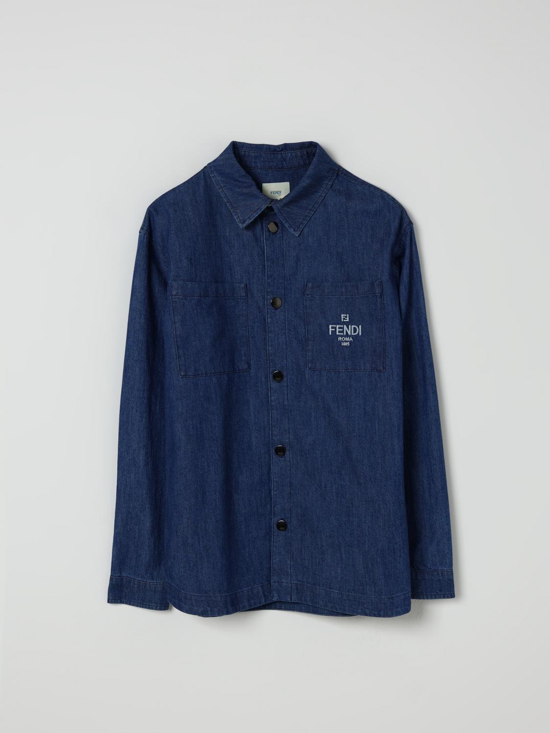 FENDI Camicia in denim di cotone con logo ricamato