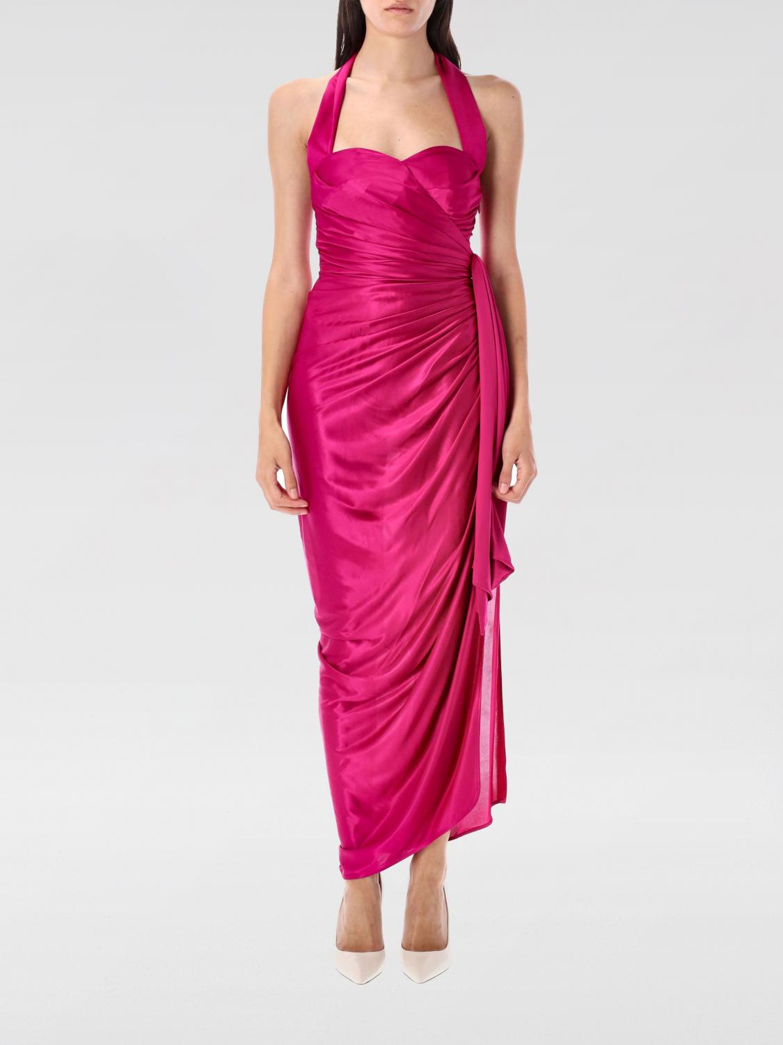 Balmain Draped Halterneck Satin Midi Dress In Pink