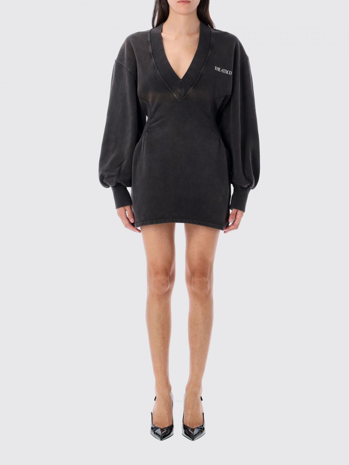Attico V-neck Mini Dress With Embossed Logo In Black