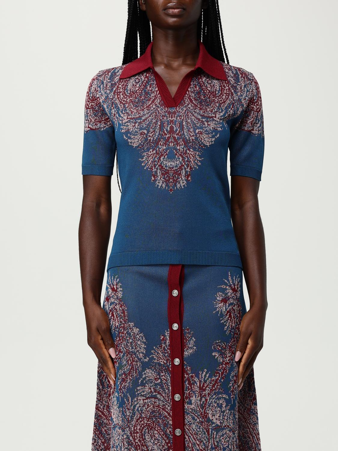 Etro Collared V-neck Polo With Patterned Ribbed Cuffs In Blue