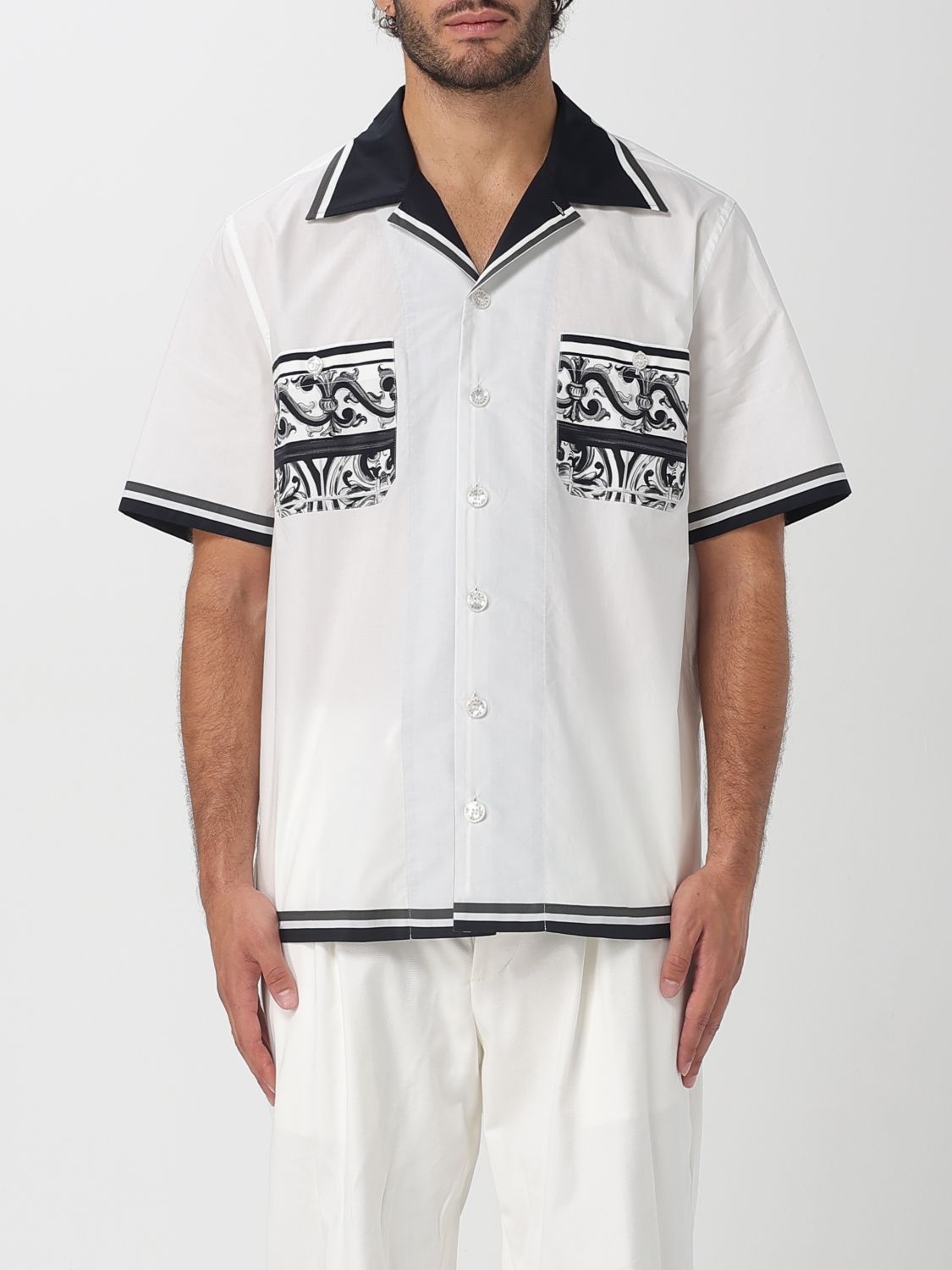 Dolce & Gabbana Short Sleeve Shirt With Contrast Collar And Graphic Print In White