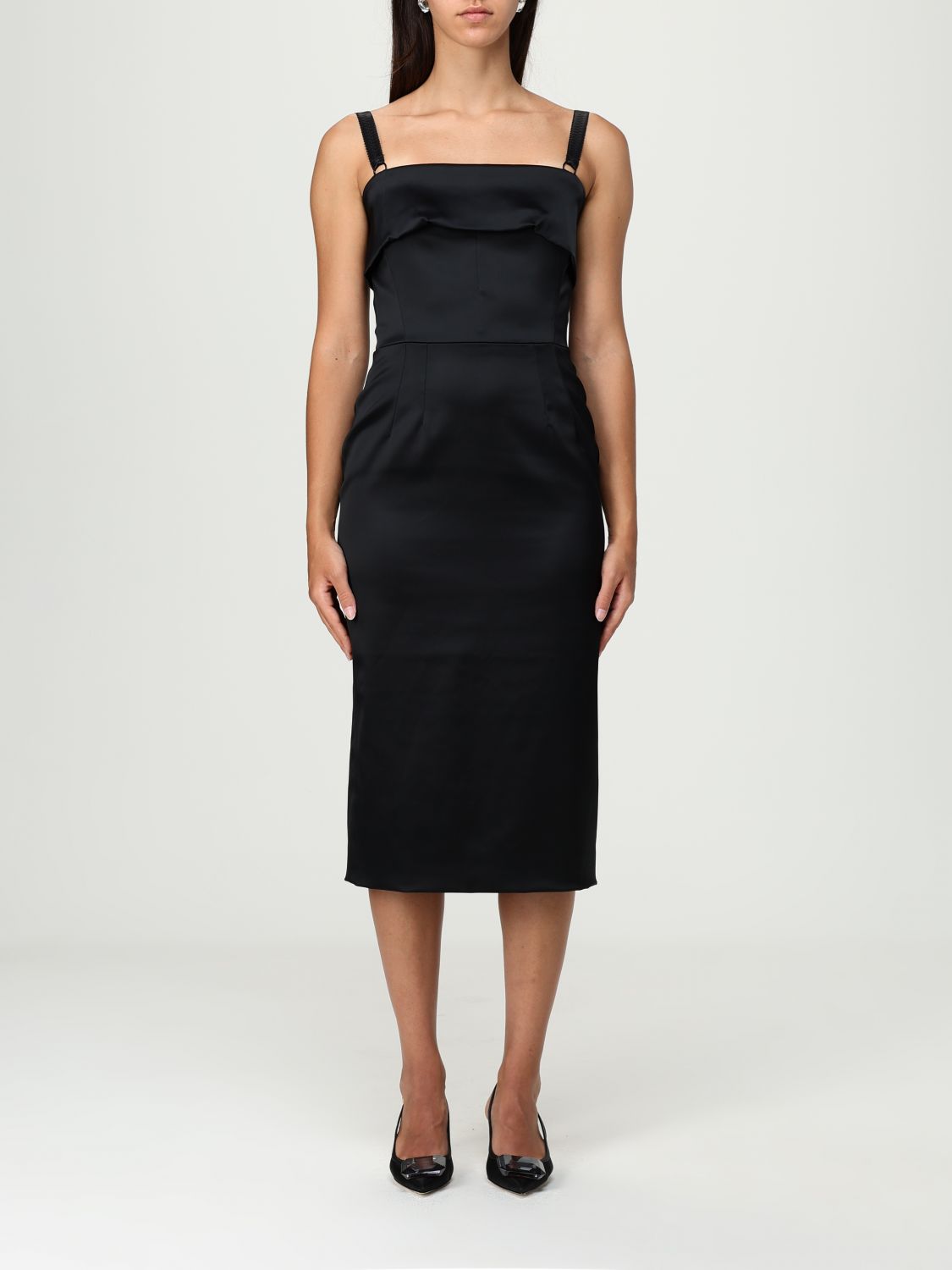 Dolce & Gabbana Satin Sleeveless Sheath Midi Dress In Black