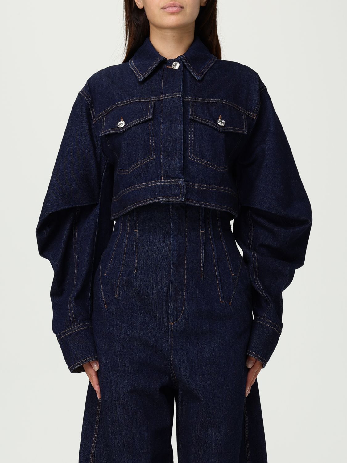 Sportmax Cropped Jacket With Buttoned Pockets And Contrast Stitching In Blue
