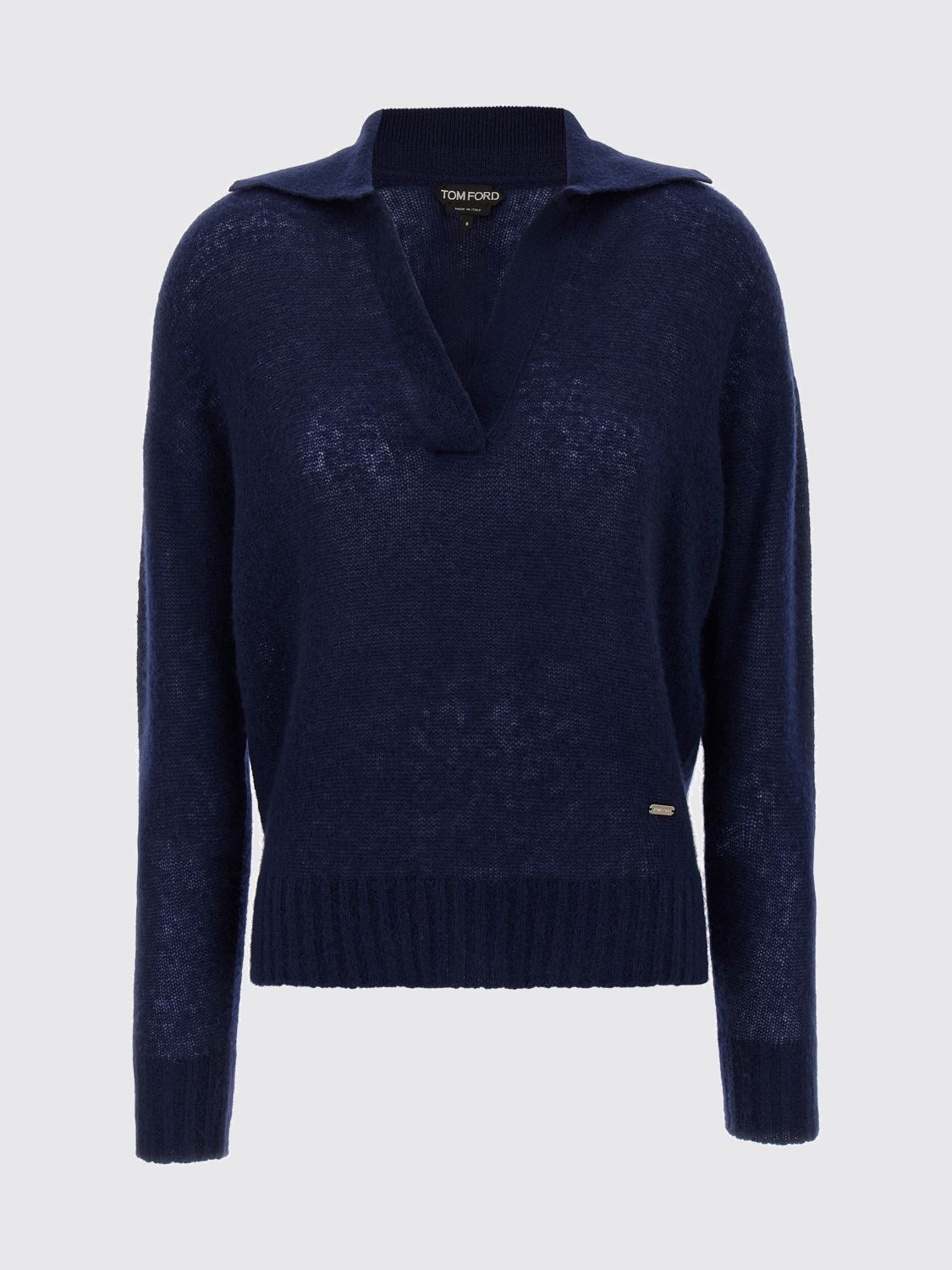 Tom Ford V Neck Long Sleeve Ribbed Hem Polo In Blue