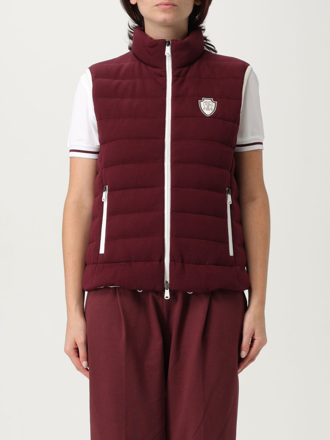 Brunello Cucinelli Logo Quilted High Collar Sleeveless Jacket In Burgundy