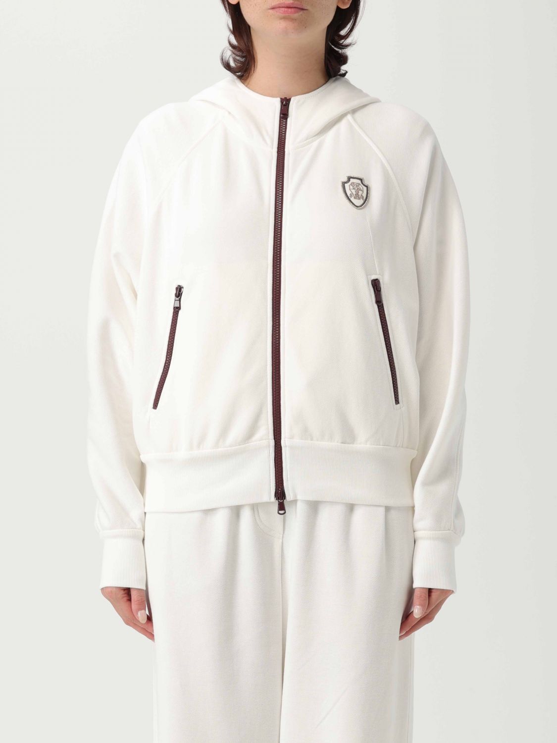 Brunello Cucinelli White Sweatshirt With Fixed Hood And Logo Patch On The Front In White