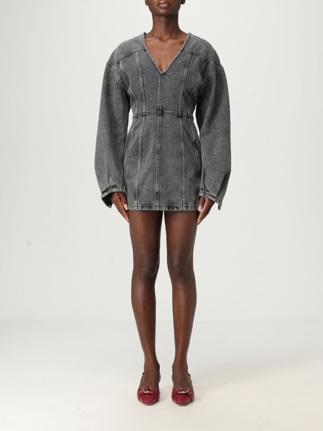 Haikure V-neckline Long Sleeves Denim Texture Visible Seams In Gray