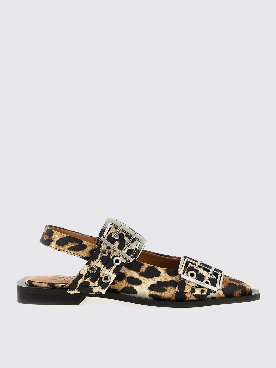 Ganni Multicolor Ballet Shoes With Double Buckle And All-over Leopard Print In Black