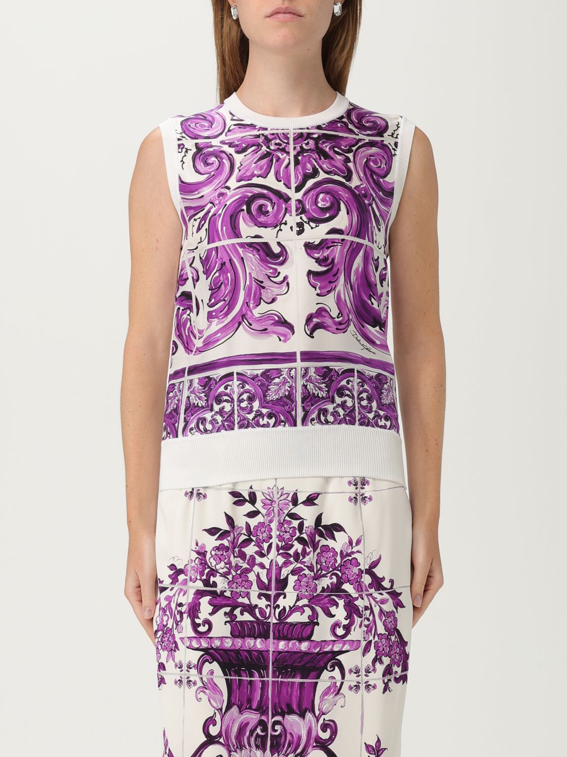 Dolce & Gabbana Silk Printed Crew Neck Vest In Purple
