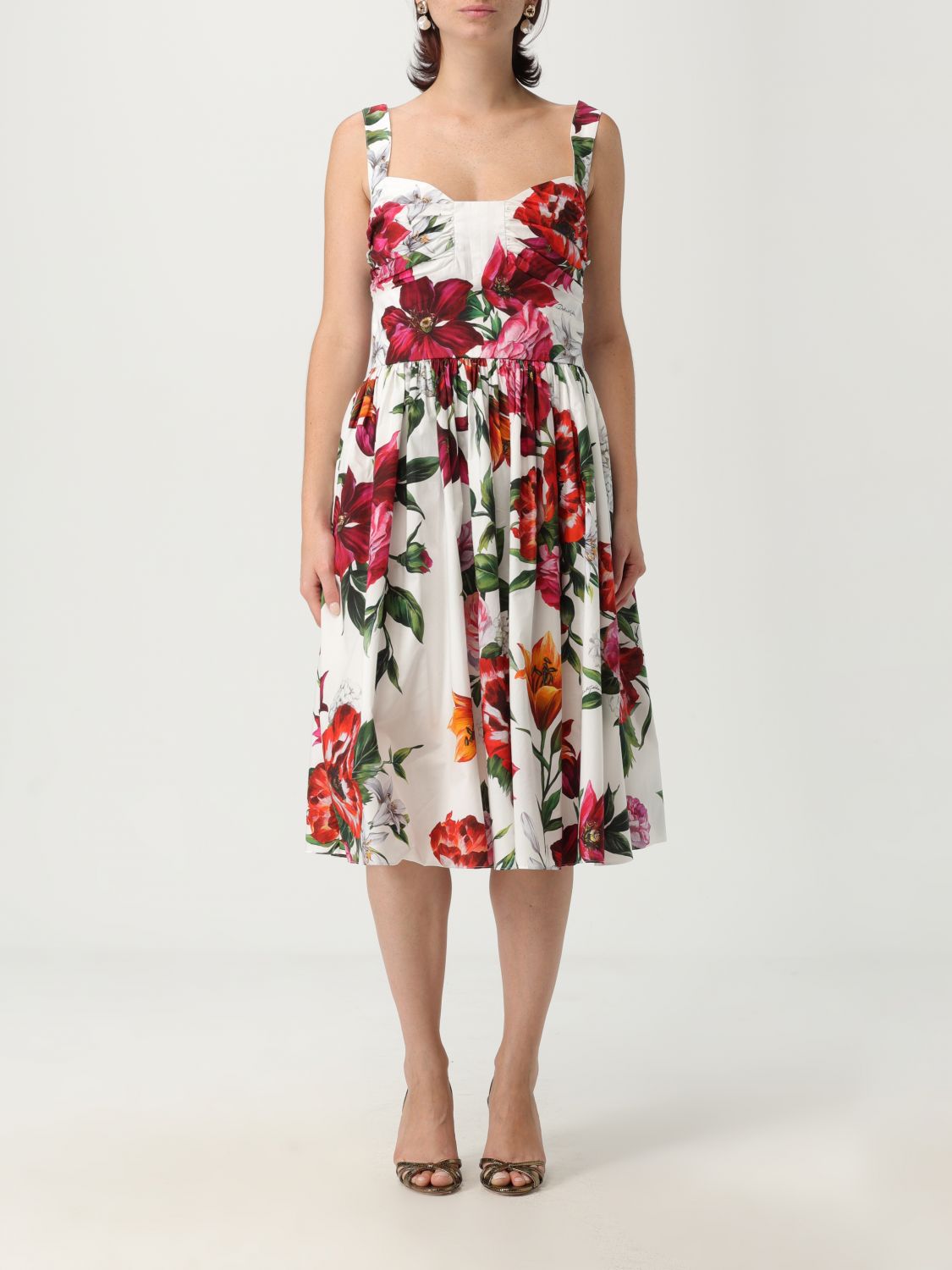 Dolce & Gabbana White Anemoni Print Cotton Midi Dress In Multi
