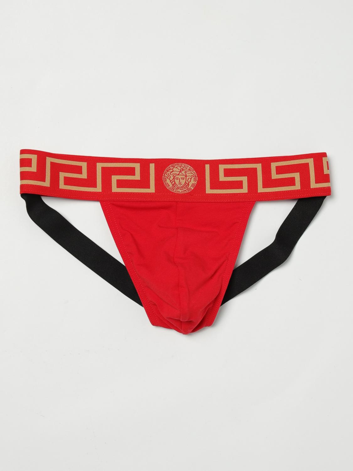 Versace Cotton Stretch Greca Border Jockstrap In Red