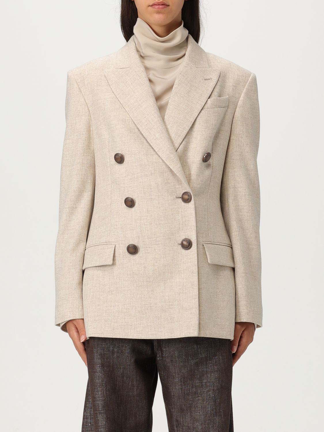 Brunello Cucinelli Beige Double-breasted Jacket In Wool And Cashmere In Brown