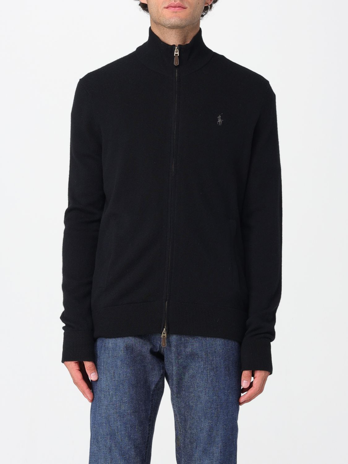Polo Ralph Lauren Black Cardigan With High Neck And Pony Embroidery On The Front In Wool Man In Black