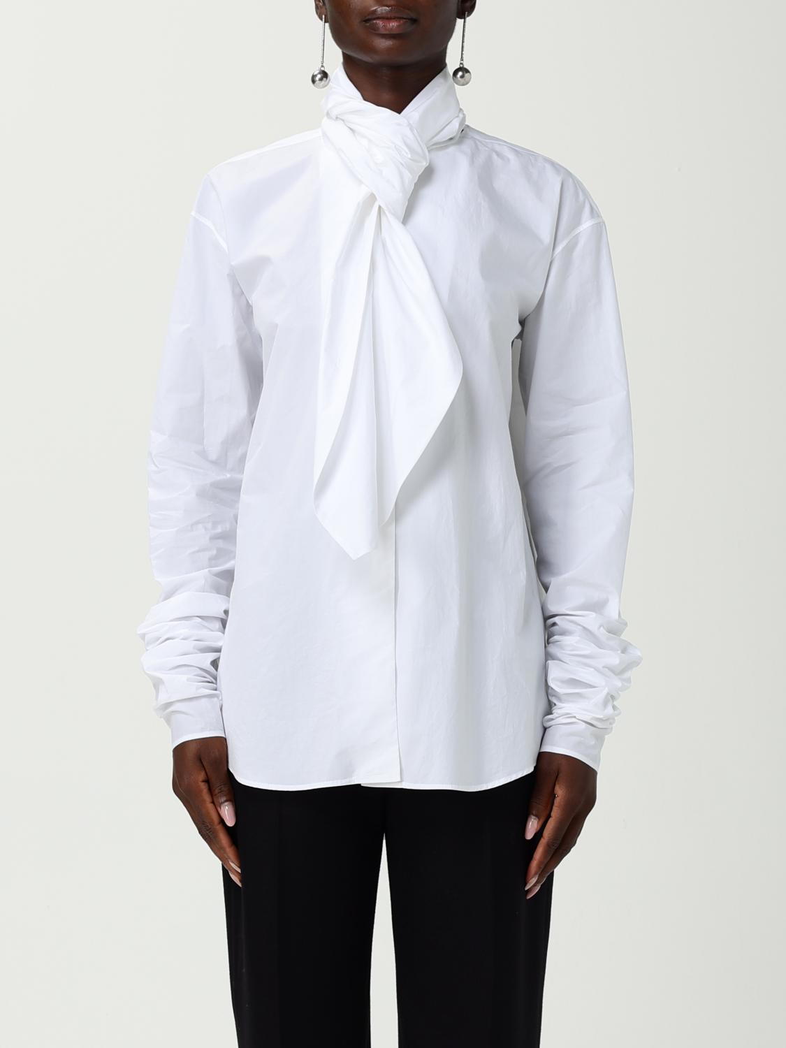 Alberta Ferretti Long Sleeve Collarless Shirt With Scarf Detail In White
