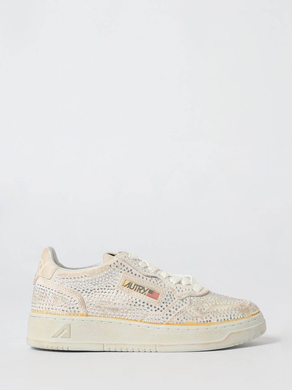 Autry Medalist Silver-colored Sneaker With Lived-in Effect And All-over Bead Application In Leather Blend In White