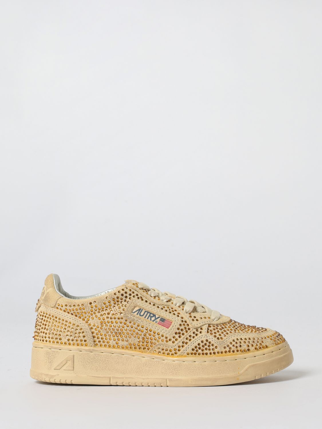 Autry Medalist Low Sneakers In Bronze Suede With Crystal Micro Rhinestones Shoes In Brown