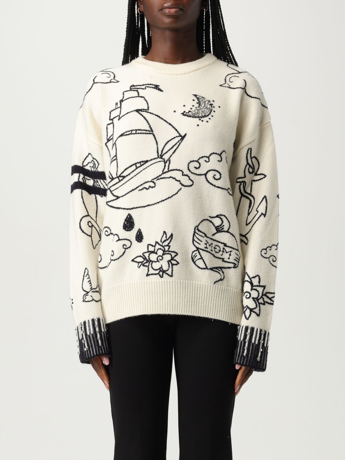 Pinko Patterned Crew-neck Sweater In White