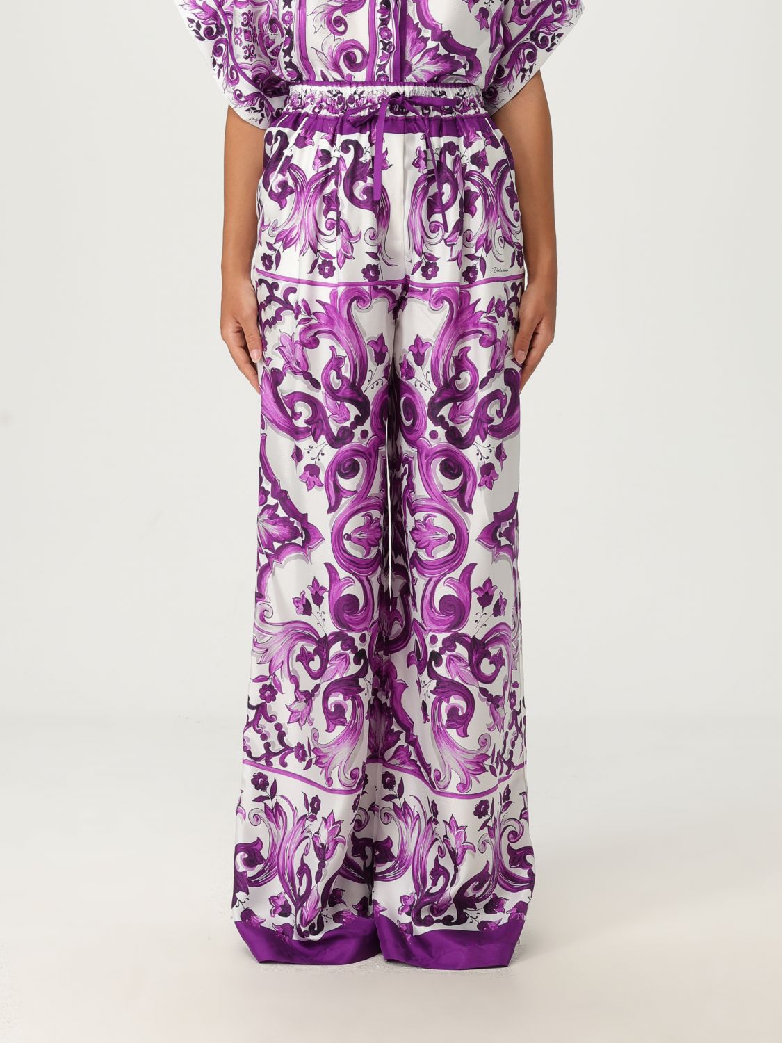 Dolce & Gabbana Majolica Print Silk Twill Pants In Purple