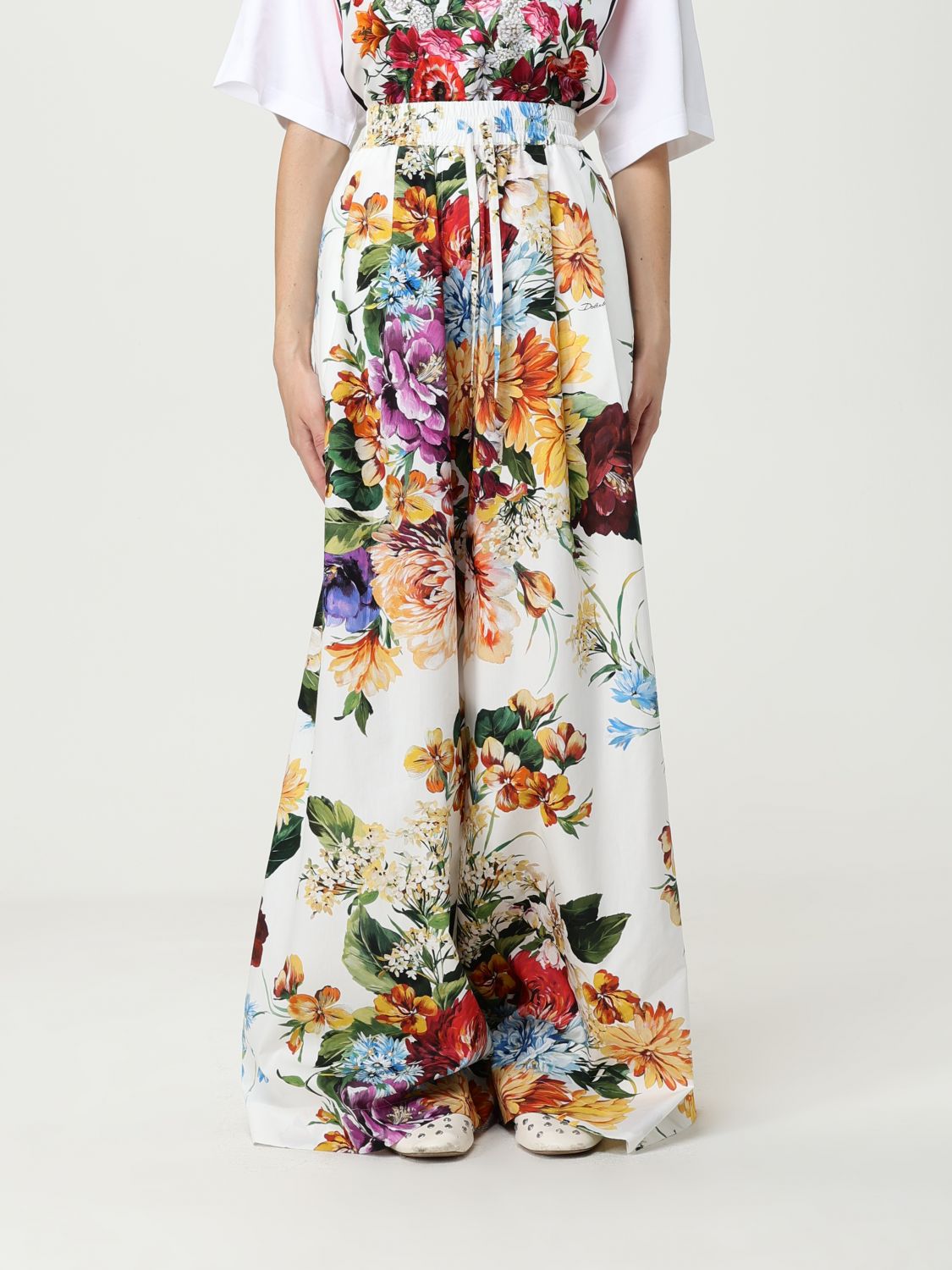 Dolce & Gabbana Flower Bouquet Print Poplin Trousers In White