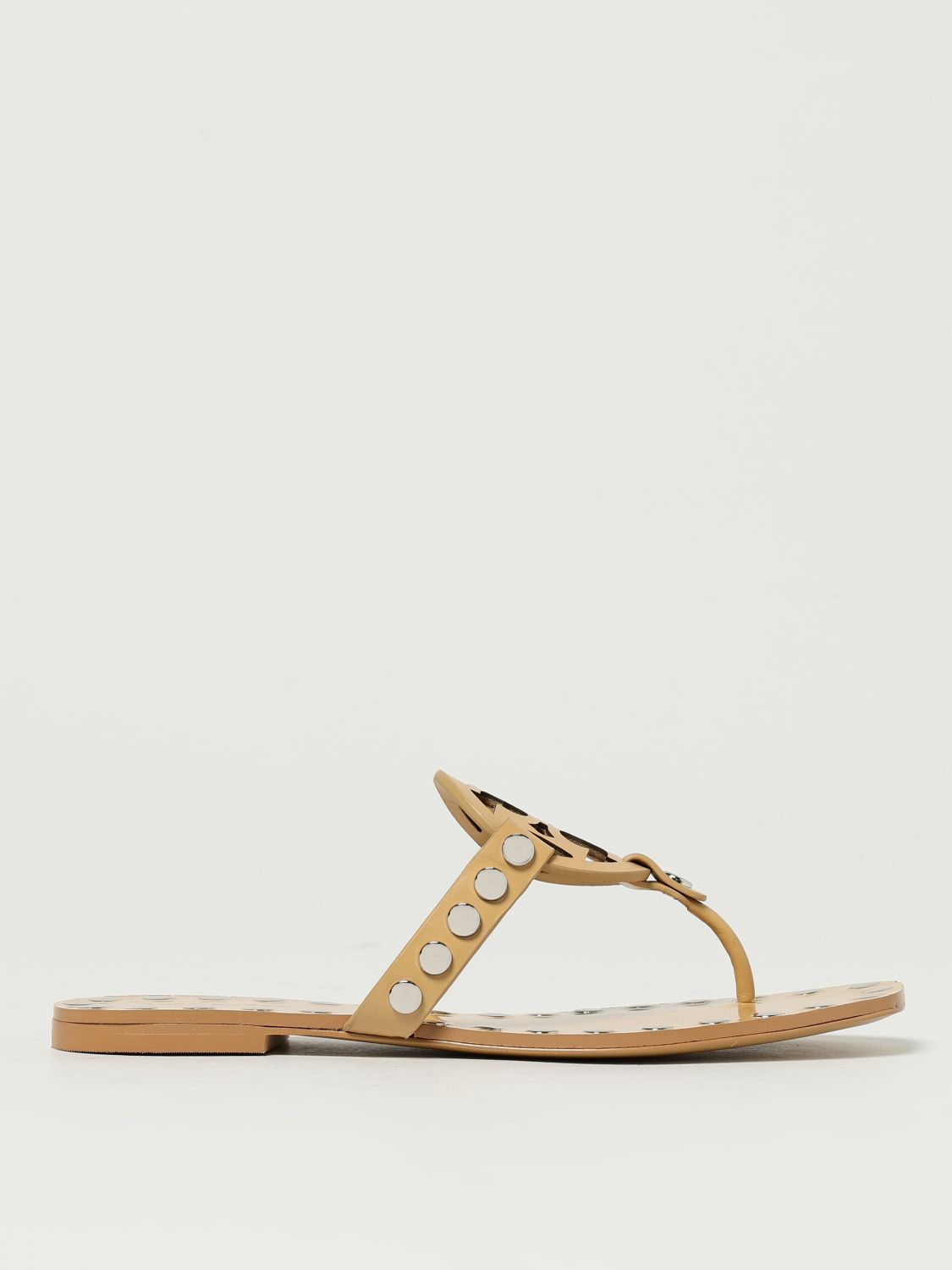 Tory Burch Studded Miller Leather Flat Sandals In Neutral