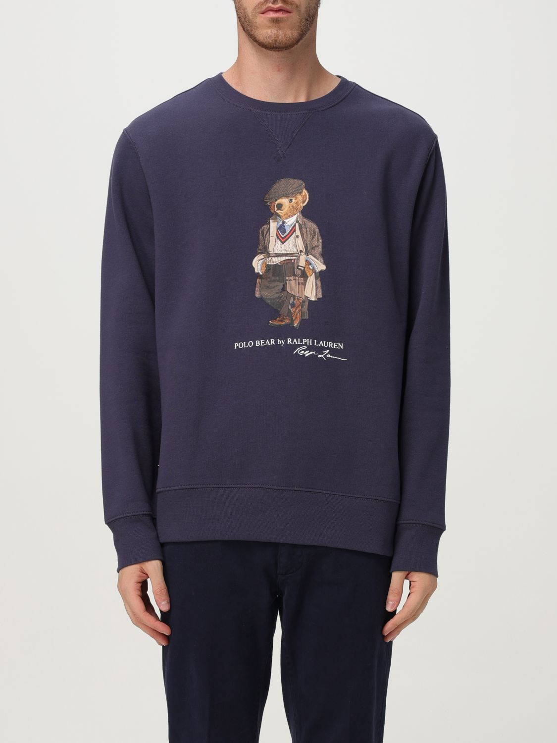 Polo Ralph Lauren Navy Blue Cotton Blend Sweatshirt With Iconic Bear Logo In Black